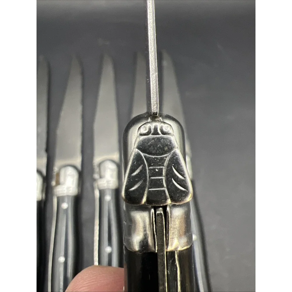 Jean Dubost Laguiole Steak Knives Set of 6 Black Handles Inox with Wooden Block